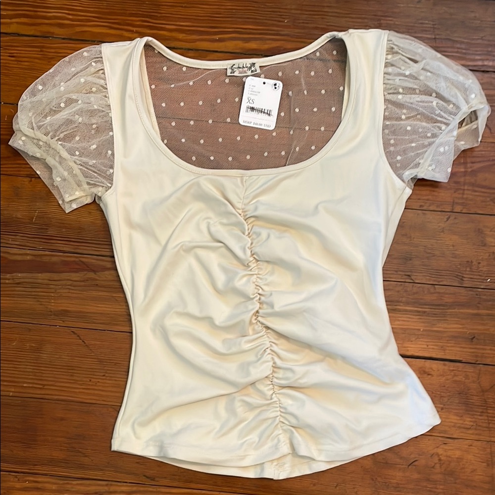 Free People Cream Fitted Front Middle Ruched Top
